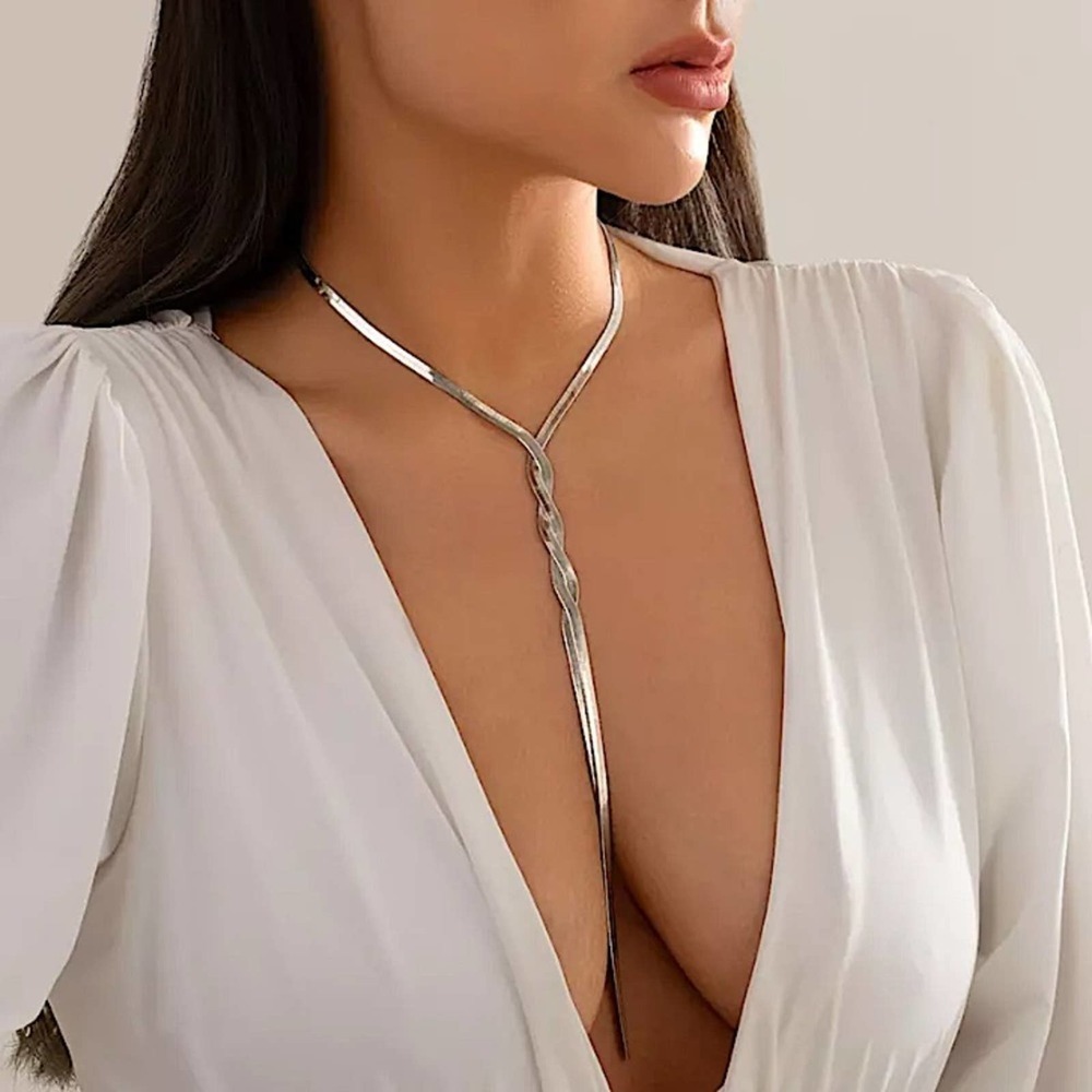 Y Lariat Sterling Silver Twisted Tassel Herringbone Flat Necklace - Picture 2 of 7